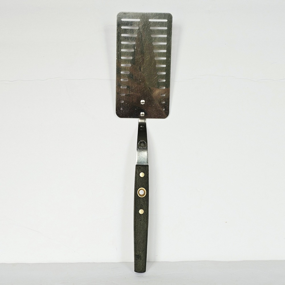 Vintage Flint Stainless Steel Slotted Spatula Black Handle Made in USA Turner